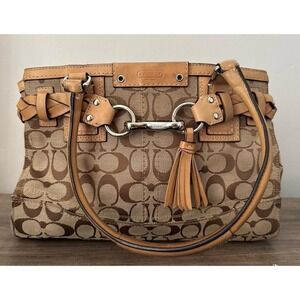 Coach Hampton Signature Monogram Satchel Tan Leather Braided Horsebit Tassel Bag